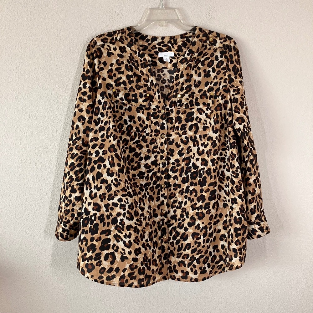 Silky Leopard Print Blouse 1X Button Tunic Roll Tab Career Office Work Mob Wife